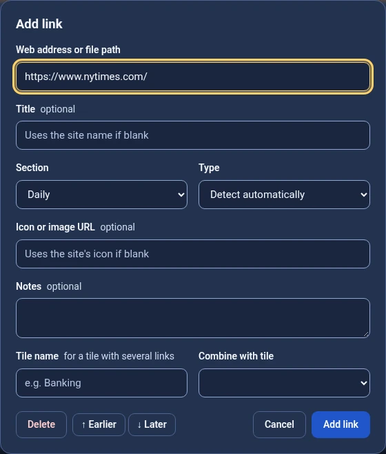 The Add link dialog with address, title, section and type fields