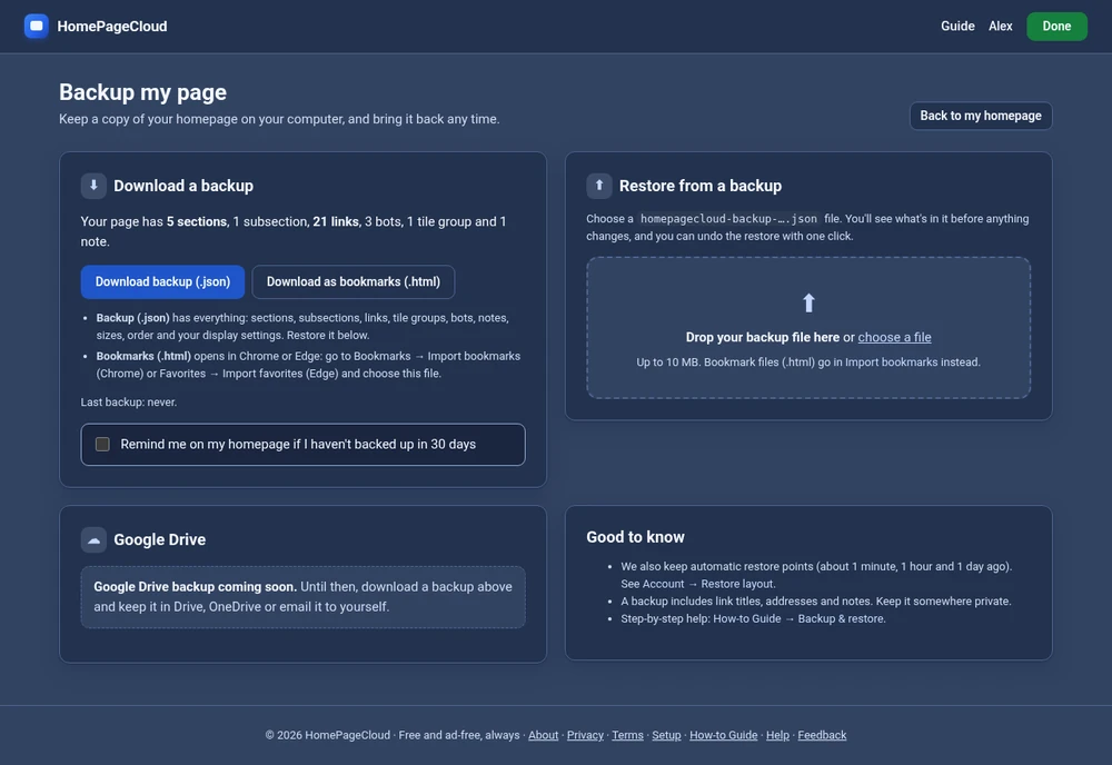 The Backup my page screen with download, restore and Google Drive cards