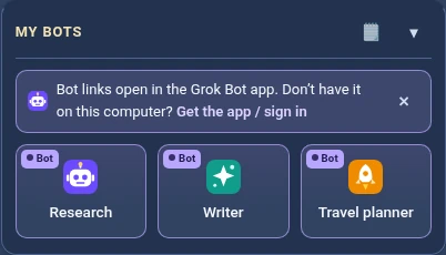 A “My bots” section with three bot tiles