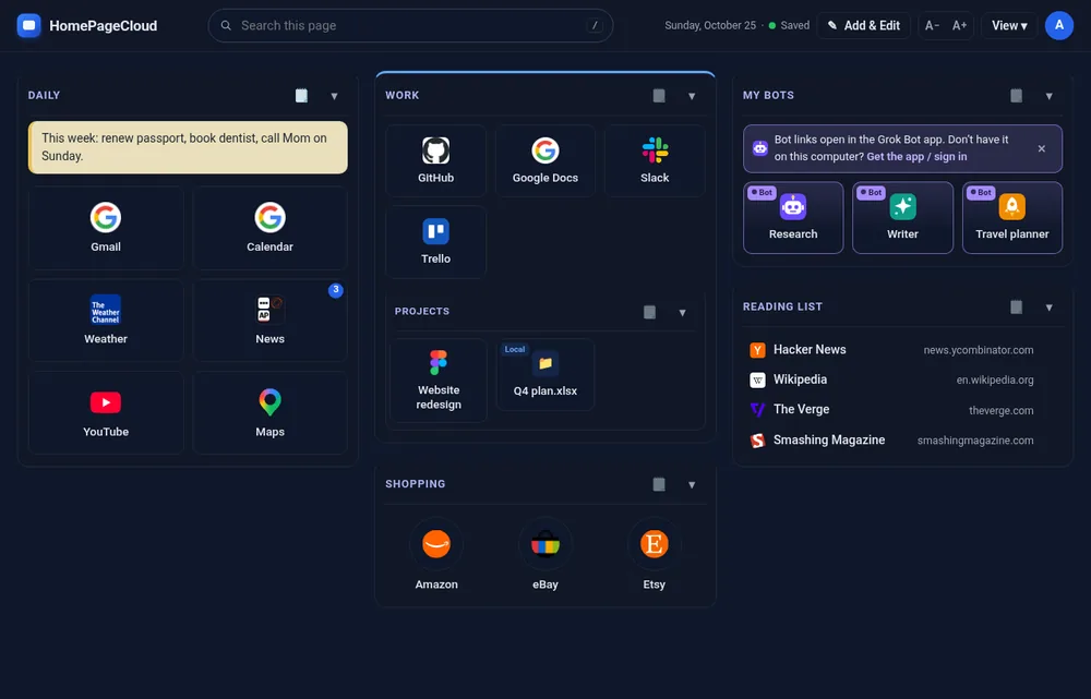 The homepage in the Shade theme
