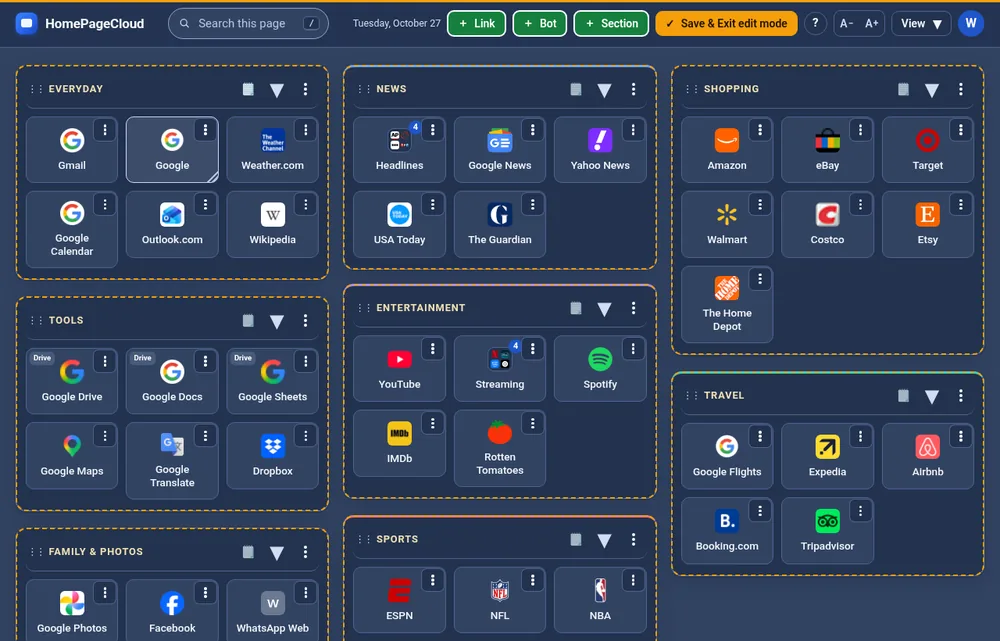 Edit mode: a thin amber line across the top, dashed amber outlines around each section, the ✓ Save & Exit edit mode button with a round ? help button beside it, add buttons, drag handles and a three-dot options button on every section and tile