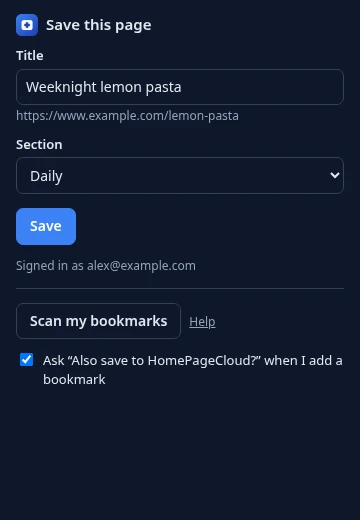 The browser extension popup saving the current page