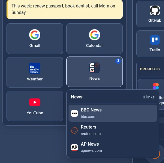 A “News” group tile open, showing BBC News, Reuters and AP News