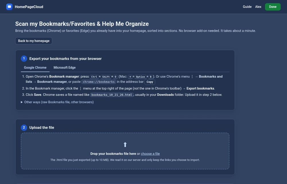 The import page with steps to export and upload bookmarks