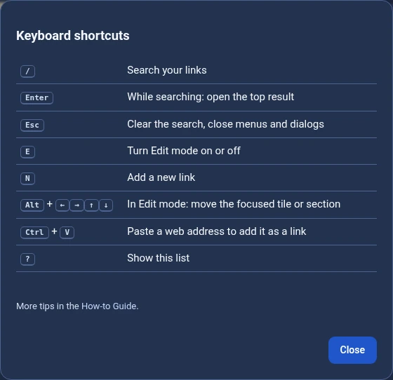 The keyboard shortcuts dialog