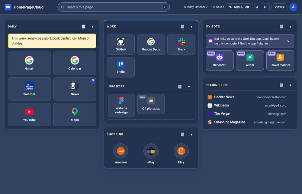 The HomePageCloud homepage with today's date, the search box and sections of link tiles