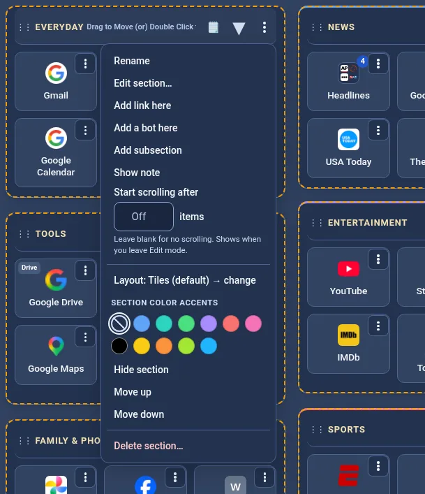 A section menu with options to rename or edit the section, add a link, subsection or bot, change the layout or color accent, move, hide or delete it