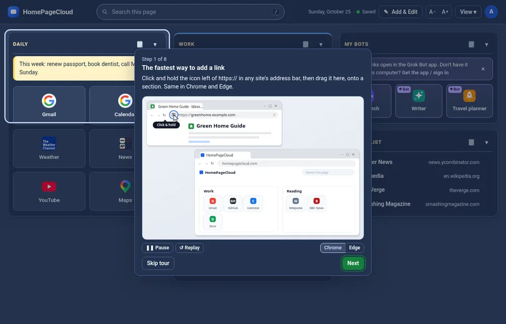 The quick tour’s first step, showing how to drag a link from the address bar onto a section