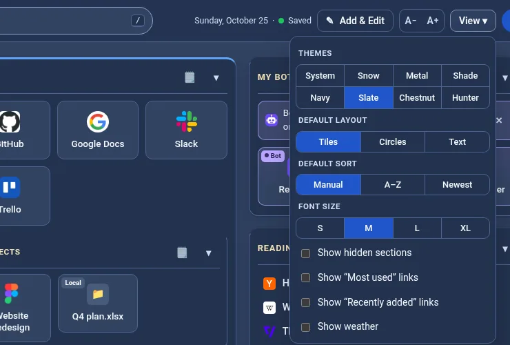 The View menu with theme, layout, sort, text size, show hidden and weather options
