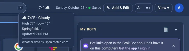 The weather next to the date in the header, with its tooltip showing conditions, high and low, place and update time